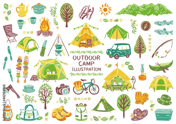 Obraz アウトドア　レジャー　キャンプ　アイコン　イラストセット