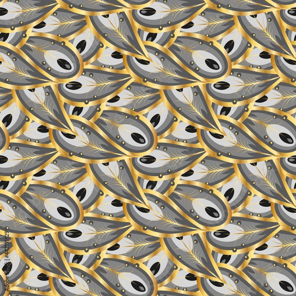 Fototapeta Seamless peacock feathers pattern. Peacock feathers with gold design. Vector illustration.