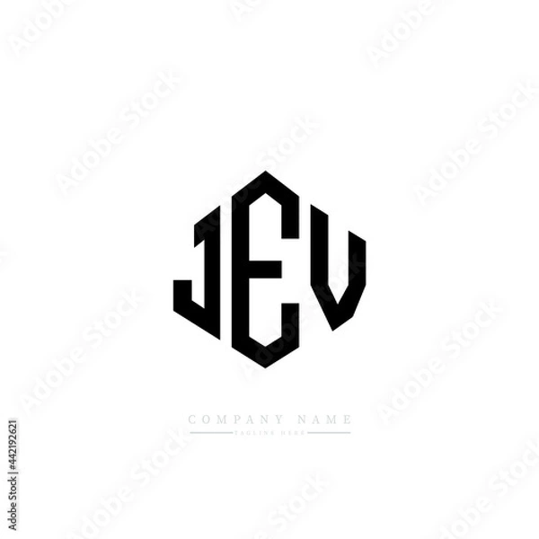 Fototapeta JEV letter logo design with polygon shape. JEV polygon logo monogram. JEV cube logo design. JEV hexagon vector logo template white and black colors. JEV monogram, JEV business and real estate logo. 