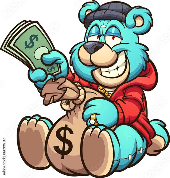 Fototapeta Teddy bear holding a big bag of money and some bills. Vector clip art illustration with simple gradients. All on a single layer.
