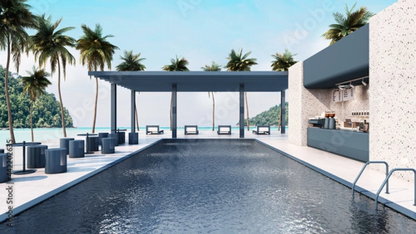 Obraz Cafe with pool design minimal take view sea - 3D render