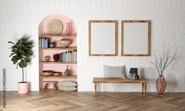 Fototapeta Modern boho entryway with empty frames for mockups