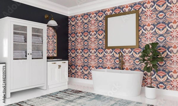 Fototapeta Luxury bathroom with wallpaper render with empty frame for mockup