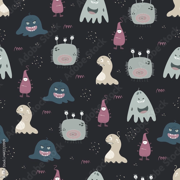Fototapeta Seamless pattern with monsters in children's cartoon style. Vector illustration for printing on fabric, covers, decoration of children's rooms