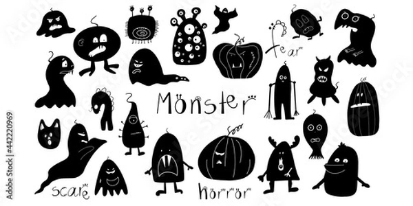 Fototapeta Set of black and white silhouettes of monsters. Vector illustration in cartoon style. For print, stickers