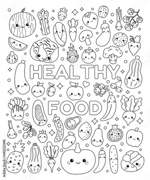 Fototapeta Doodle coloring page with cute vegetables and fruits. Set of healthy food with funny faces. Kawaii cartoon characters. Black and white outline vector illustration.