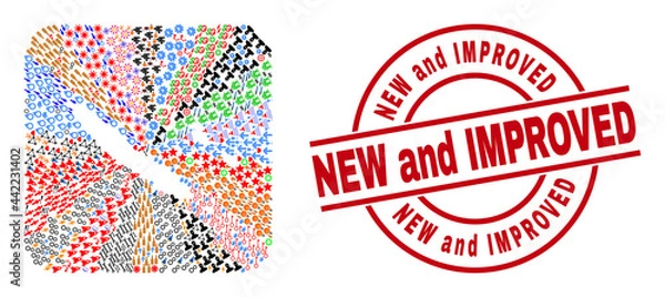 Fototapeta Vector mosaic New Caledonia Islands map of different pictograms and New and Improved seal stamp. Mosaic New Caledonia Islands map constructed as carved shape from rounded square shape.