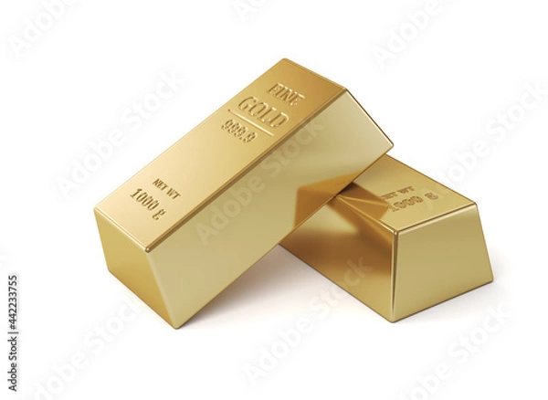 Obraz Two gold bars on a white background. 3d render illustration.
