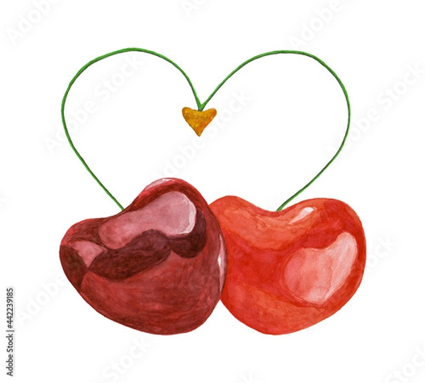 Fototapeta Watercolor cherries isolated on white background..Background for text in the shape of a heart. For the design of postcards, souvenirs, invitations, holidays