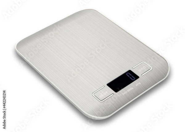 Fototapeta Kitchen Scale. Digital food scale. Multifunction accuracy scale LCD display. Scale for post parcel or package. Stainless Steel surface. Measure in oz, lb, g, kg, ml, milk ml. White isolated background