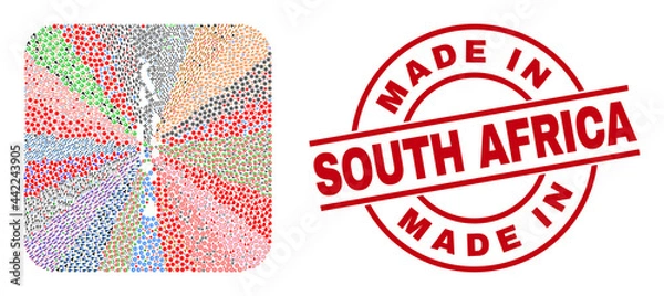 Fototapeta Vector collage Maldives map of different symbols and Made in South Africa seal. Collage Maldives map designed as carved shape from rounded square. Red round imprint with Made in South Africa word.