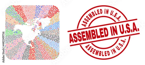 Fototapeta Vector mosaic North America map of different icons and Assembled in U.S.A. seal stamp. Mosaic North America map created as carved shape from rounded square. Red round stamp with Assembled in U.S.A.