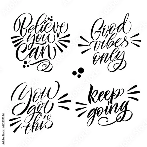 Fototapeta Good Vibes and positive thoughts letterings and other elements. Great lettering and calligraphy for greeting cards, stickers, banners, prints and home interior decor. Isolated vector