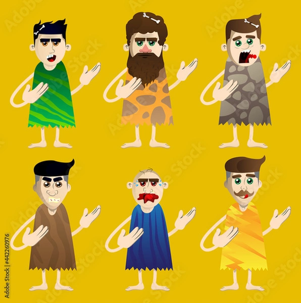 Fototapeta Cartoon prehistoric man showing something with both hands, powerful hand gesture. Vector illustration of a man from the stone age.