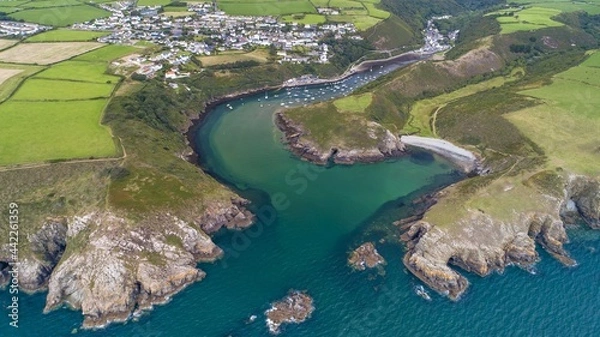 Fototapeta Solva, Pembrokeshire, Wales drone aerial photo of the coast line copy space and no people