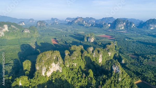 Fototapeta Krabi Town Thailand drone aerial ariel view of Pak Nam Krabi and Andaman Sea Panoramic Panorama Copy Space No People Mountains Limestone