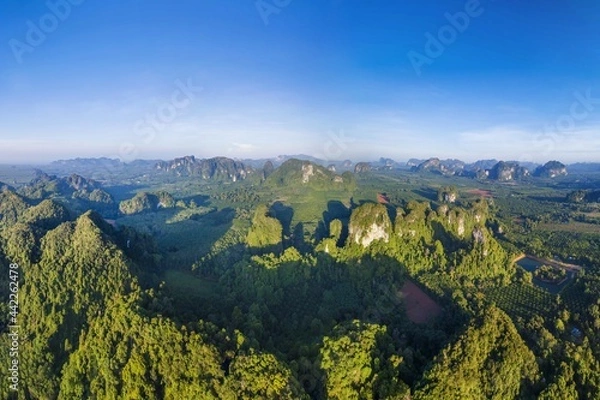 Fototapeta Krabi Town Thailand drone aerial ariel view of Pak Nam Krabi and Andaman Sea Panoramic Panorama Copy Space No People Mountains Limestone