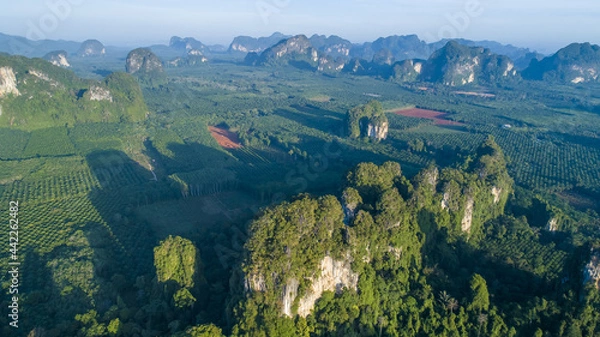 Fototapeta Krabi Town Thailand drone aerial ariel view of Pak Nam Krabi and Andaman Sea Panoramic Panorama Copy Space No People Mountains Limestone Drone Aerial Ariel UAV