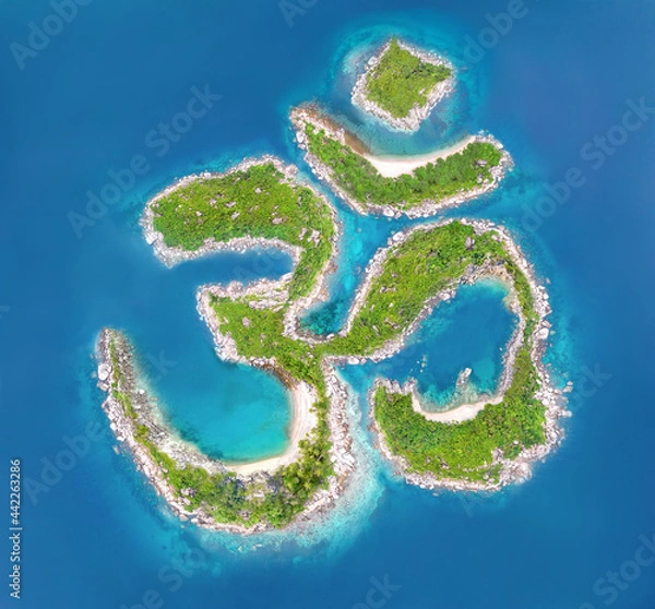 Fototapeta Om Ohm Aum Holy Mantra Hindu Buddhist Symbol Sign Icon Image Drone Aerial Island Composite with copy space green and blue coastal scene with copy space