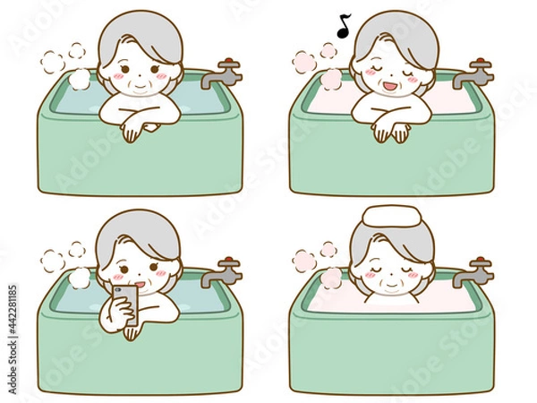 Obraz 楽しくお風呂に入る太った高齢女性