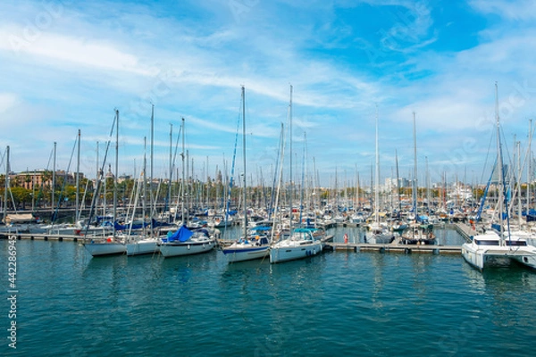 Fototapeta The port of the city of Barcelona with many sailing ships. Europe's main port on the Mediterranean