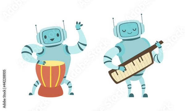 Fototapeta Robot Musician Playing Musical Instrument Performing on Stage Vector Set