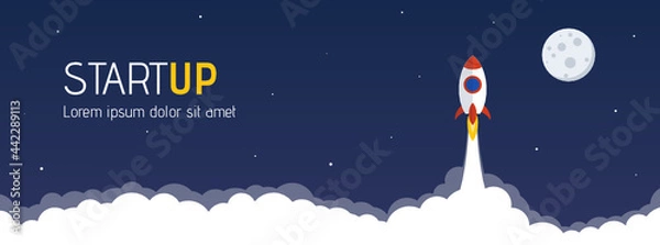 Fototapeta startup website header with launching rocket