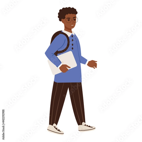 Fototapeta African American child schoolboy with backpack and laptop. Flat vector illustration on isolated white background