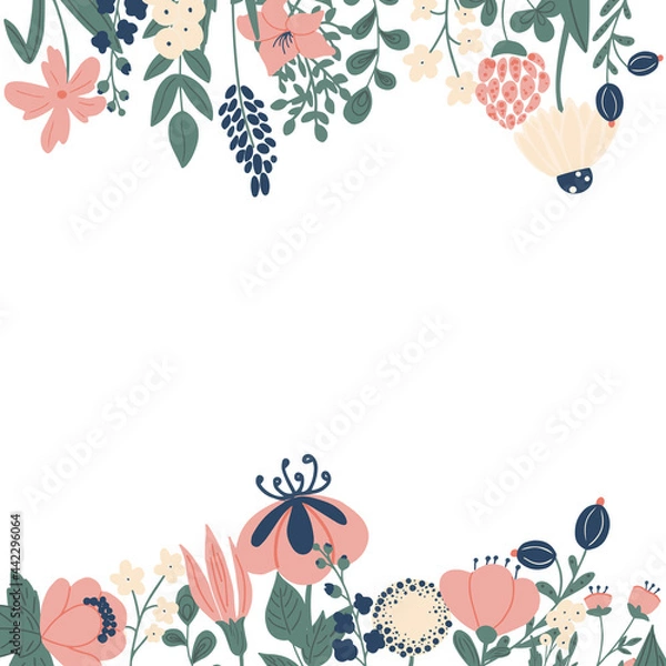 Fototapeta Vector illustration in cartoon style with copy space for text.  background with plants and leaves.  backdrop for greeting cards, posters, banners and placards