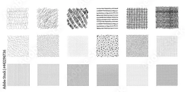 Fototapeta Set of black vector illustrations of abstract hand drawn square textures for backgrounds and design elements. Lines, dots, scribbles, waves, circles. Isolated on white background.