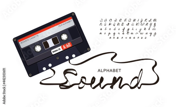 Obraz Font alphabets made from audio cassette tape. Plastic retro cassette with magnetic tape forming letters and numbers. Flat one line font