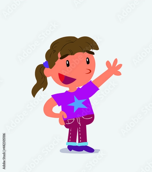 Fototapeta cartoon character of little girl on jeans explaining something while pointing.