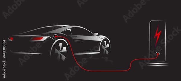 Fototapeta Electric car with charging stations by sketch line rear view. Sportcar isolated on black background. Vector illustration