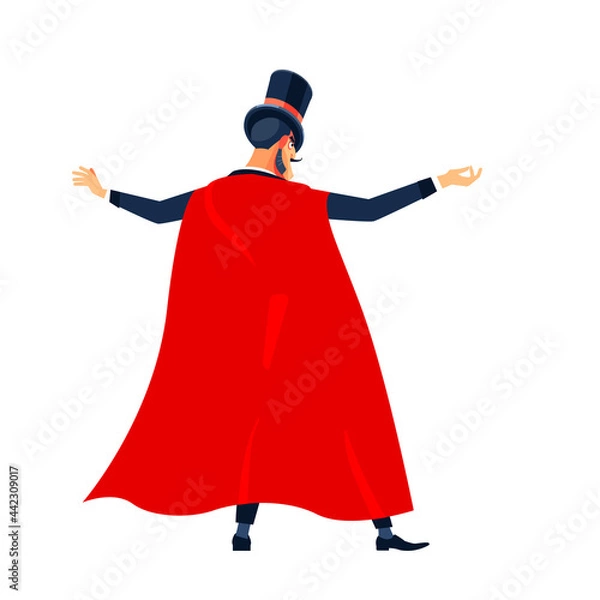 Fototapeta Magician Showman. Young male entertainer, presenter or actor wearing suit, red cloak and top hat on stage. Back, arms to sides. Cartoon character man vector illustration isolated on white background