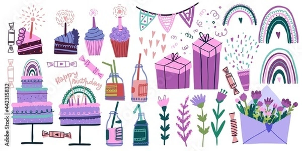 Obraz big set for celebration with birthday cakes, drink bottles, flags, candies, flowers, gifts, cake pieces and cupcakes. flat colorful illustration isolated on white background.