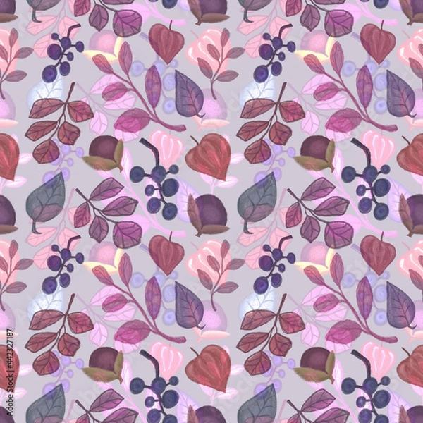 Fototapeta Vegetable autumn seamless pattern, drawing with pastels, colored twigs and berries on a light background.