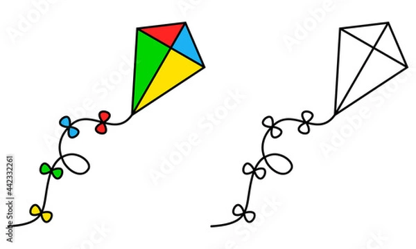 Obraz Kite colorful and black and white. Coloring book page for children. Colored and outline vector cartoon kite illustration isolated on white background.