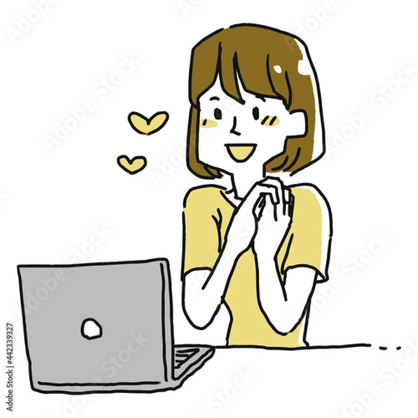 Fototapeta パソコンの前で嬉しそうにしている女性