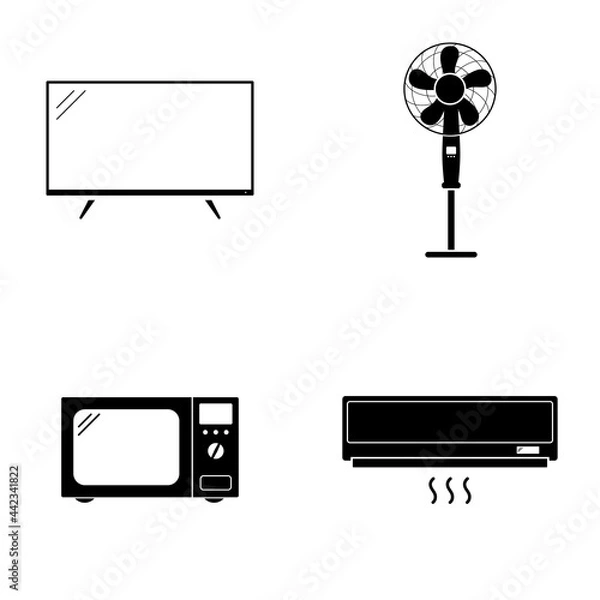 Fototapeta Household appliances icons set. Smart TV, fan, microwave and air conditioner isolated on white background. Vector illustration.
