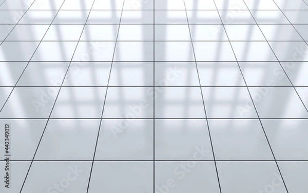 Fototapeta White glossy ceramic tile floor in front of window. 3d rendering