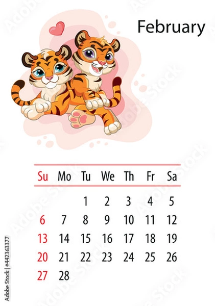 Fototapeta Tiger wall calendar design template for february 2022