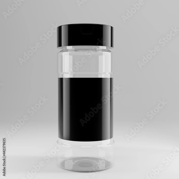 Obraz clear plastic spice bottle with black lid and blank label for mockup