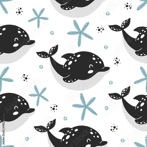 Obraz Seamless pattern with cute dolphin and starfish in scandinavian style