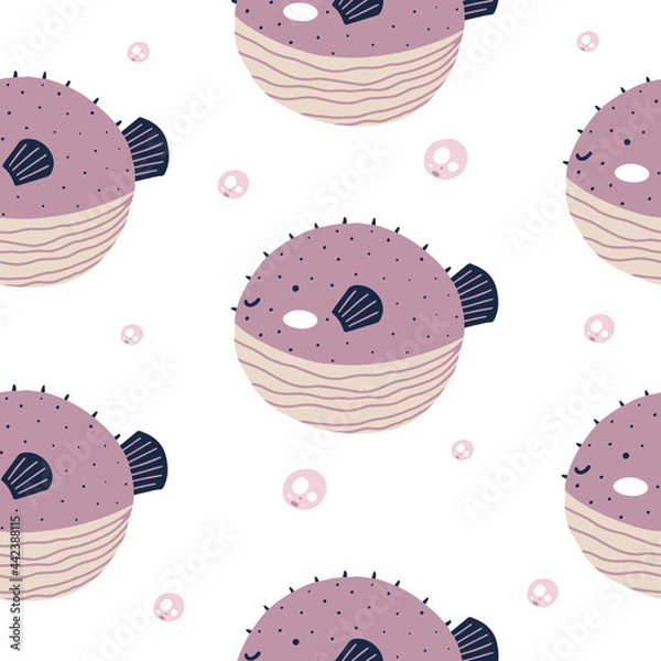 Obraz Seamless pattern with cute puffer fish in scandinavian style