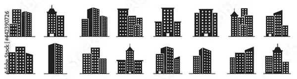 Fototapeta ildings icon set, skyscraper, Architecture buildings icon. Hospital, town house, museum. Bank, Hotel, Courthouse. City, Real estate symbol, Vector illustration