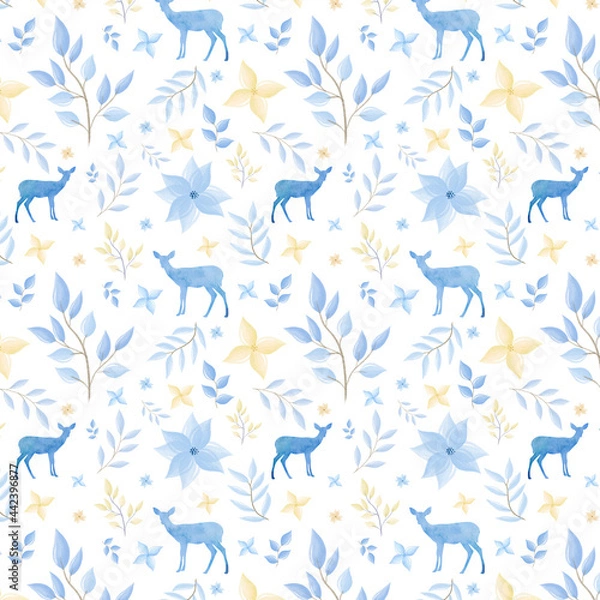 Fototapeta Watercolor blue pattern with  flowers, leaves and deer