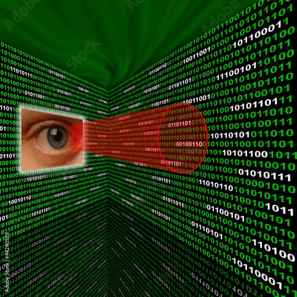 Obraz Spyware eye scanning binary code with red sightline