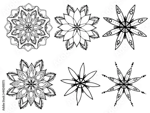 Fototapeta A set of vector mandala. a set of hand-drawn round symmetrical ornaments, black isolated contour. The mandala is a round floral, stylized under a symmetrical pattern of petals with a black line on a w