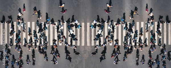 Fototapeta Different people at a pedestrian crossing in the city - panorama shot. People at a zebra pedestrian crossing - a lot of pedestrians in an overcrowded city on a sunny day. Aerial drone banner shot. 