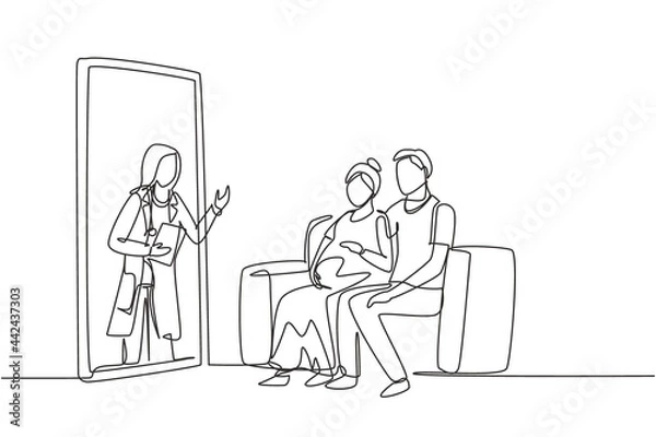 Obraz Continuous one line drawing female doctor comes out from smartphone screen facing patient and gives consultation to patient young couple with pregnant wife. Single line draw design vector graphic